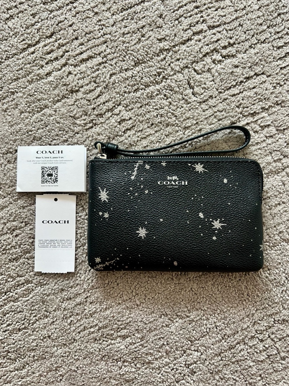 Coach Black Leather Star Print Corner Zip Wristlet